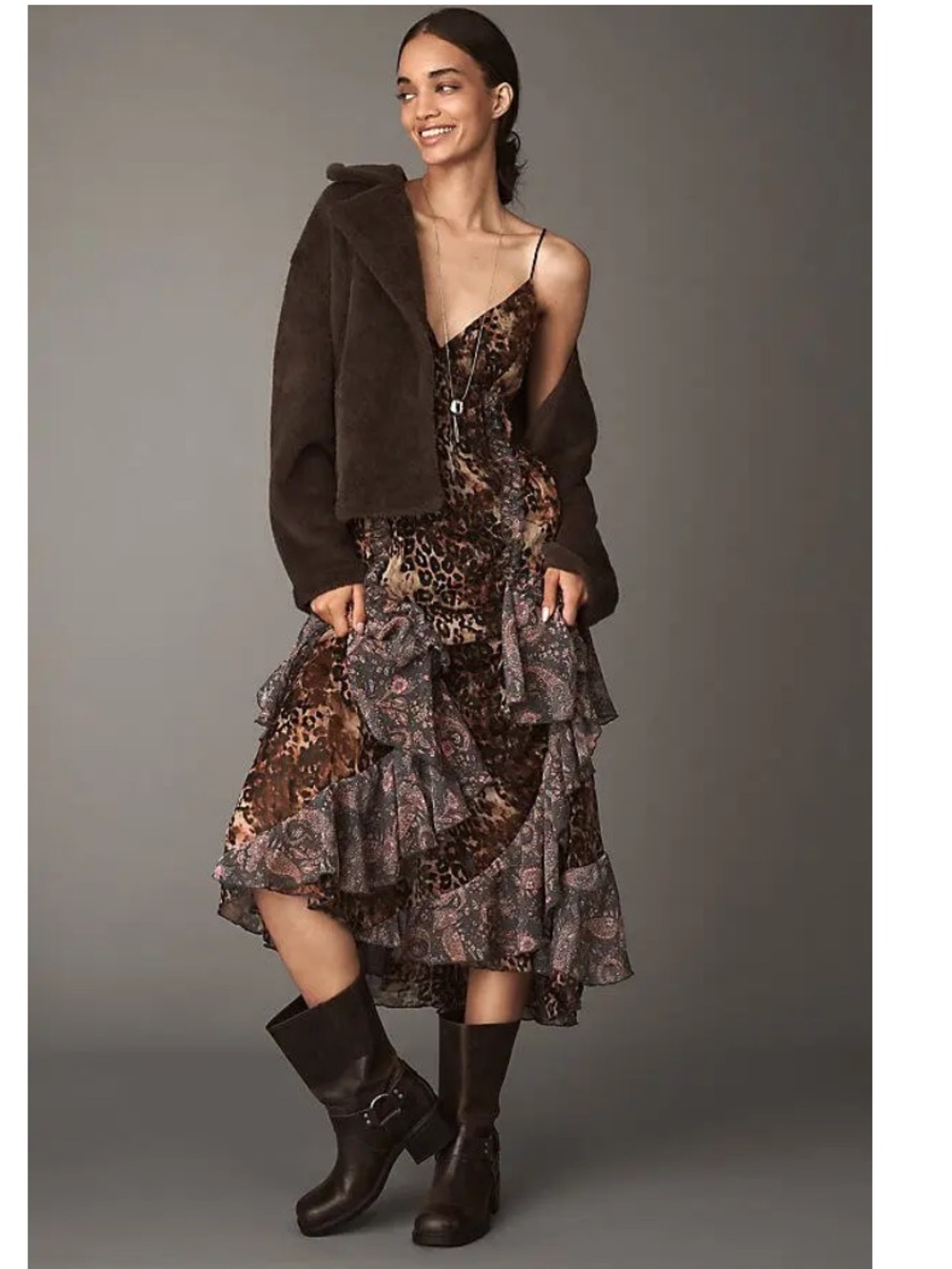 Anthropologie Ruffled Chiffon Maxi Dress Animal Print Maxi Dress